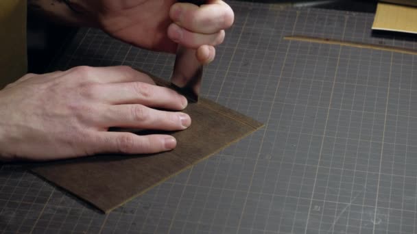 Tanner cuts leather close up. — Stock Video