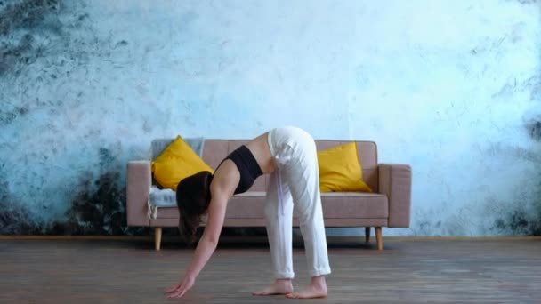 Mulher morena bonito faz exercícios de ioga em casa moderna no fundo do sofá. — Vídeo de Stock