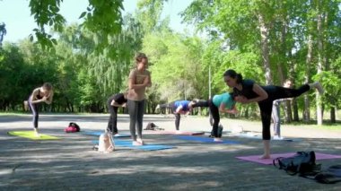 Yoga dersi için parkta toplanan bir grup insan..