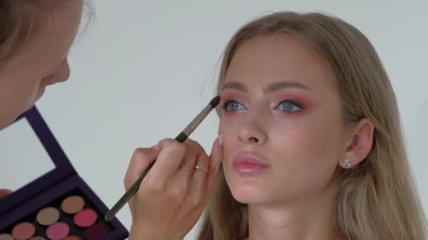 Young Makeup Artist Doing Makeover To Pretty Model — Stock Video