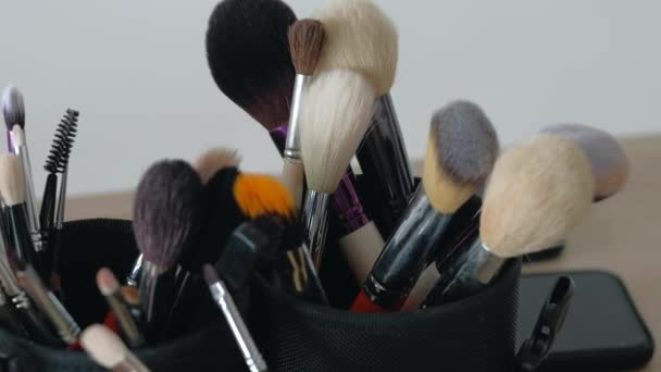 Beauty saloon. Makeup brushes close-up. — Stock Video