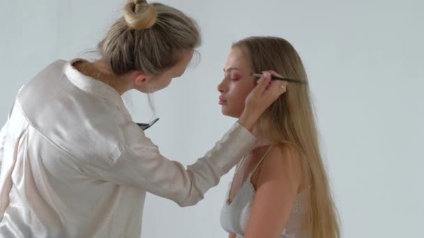 Young Makeup Artist Doing Makeover To Pretty Model — Stock Video