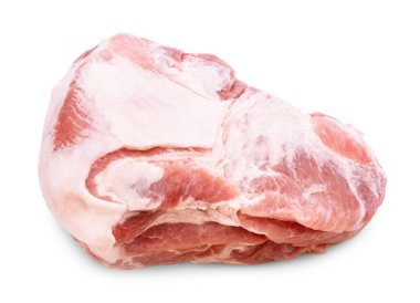 Geniş, çiğ, kemiksiz bir domuz boynu ya da omuz kesiminin yukarıdan görünüşü, beyaz üzerine izole edilmiş kalın bir beyaz yağ tabakası içerir. Yüksek kalite fotoğraf