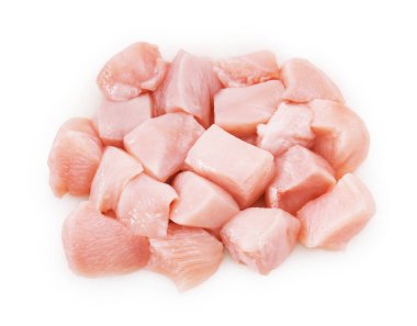 Fileto, parçalara ayır. Renkli pembe, etin beyaza izole edilmiş taze ve dokusunu gösteriyor.. 