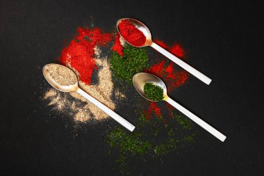 Metal kaşıklardaki gevşek baharatlar siyah bir zemine güzelce saçılmış kırmızı paprika, yeşil dereotu ve sarı sarımsak renkleri arasında bir kontrastlık oluşturuyor..