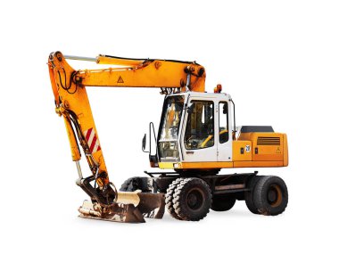 Sarı kazıcı, uzun kollu ve kovalı, beyaz arka planda izole edilmiş. Makine inşaat ve kazı işleri için tasarlanmıştır..