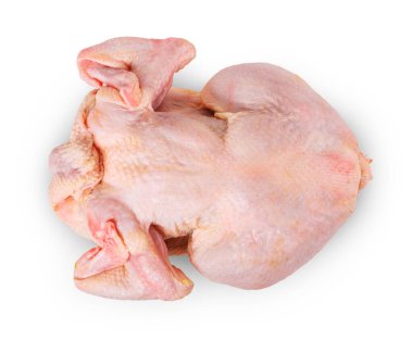 Beyaz arka planda izole edilmiş taze ve çiğ bir tavuğun üst görüntüsü. Yüksek kalite fotoğraf