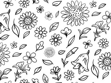 Siyah çiçekli, dikişsiz çiçek deseni ve beyaz arka planda yapraklar. Renk sayfaları, kumaş baskıları ve yüzey tasarımı için ideal.