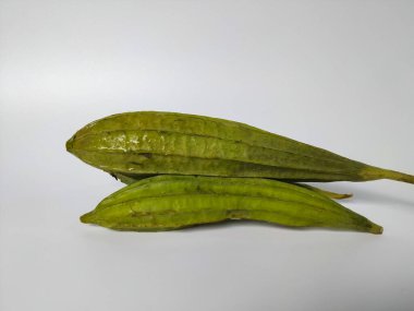 Beyaz arka plana yerleştirilmiş iki taze kabak (Luffa acutangula) yakın plan fotoğrafı.