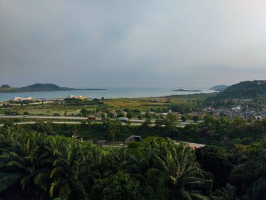 Yeşil tepeler, tropik bitki örtüsü ve bulutlu bir gökyüzünün altında sakin bir deniz manzarası.
