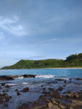 Berrak mavi okyanus dalgalarının yer aldığı manzaralı bir kıyı manzarası kayalık kıyılara nazikçe vuruyor, yemyeşil tepeler ve parlak mavi gökyüzünün altında palmiye ağaçları var.