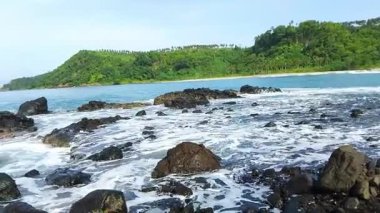 Berrak mavi okyanus dalgaları içeren manzaralı kıyı manzarası kayalık kıyılara nazikçe vuruyor, yemyeşil tepeler ve parlak mavi gökyüzünün altında palmiye ağaçları var.
