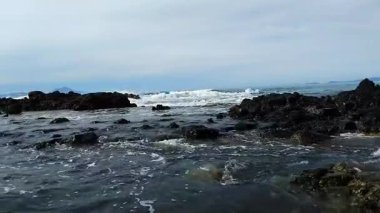 Berrak mavi gökyüzü ve turkuaz deniz suyuyla kayalık tropikal bir sahilin manzarası..