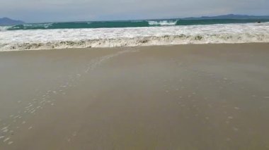 Okyanus dalgalarının sakin manzarası açık mavi bir gökyüzünün altındaki kumlu bir sahile nazikçe çarpıyor.