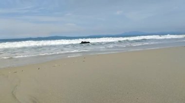 Okyanus dalgalarının sakin manzarası açık mavi bir gökyüzünün altındaki kumlu bir sahile nazikçe çarpıyor.