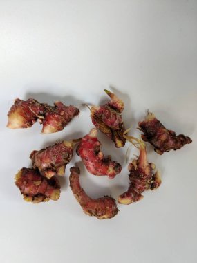 Temiz beyaz arka plana yerleştirilmiş taze toplanmış kırmızı galangal köklerinin yakın plan görüntüsü.