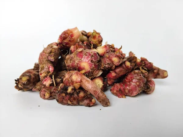 Temiz beyaz arka plana yerleştirilmiş taze toplanmış kırmızı galangal köklerinin yakın plan görüntüsü.