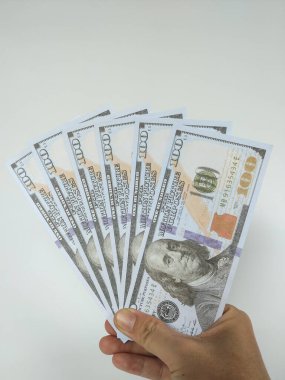 Birkaç yüz dolarlık banknotun temiz beyaz arka planda pervane şeklinde düzgünce çekilmiş resmi.