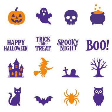 Cadılar Bayramı ikonu seti içinde mor ve turuncu renkli ürkütücü semboller ve şenlik ifadeleri var. Balkabakları, hayaletler, perili evler, cadı, kafatası, yarasa ve mevsimlik tasarımlar, parti davetiyeleri ve ticari eşyalar için mükemmel temalı metinler içerir..