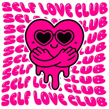 Sürekli tekrarlanan SELF Love CLUB metniyle çevrelenmiş, kalp şeklinde pembe gözlü ve sarılma jestli bir karakter. Kişisel bakım, duygusal sağIık ve gençlik odaklı pop görselleri için ideal..