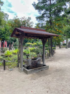 Geleneksel Japon chozuya saflaştırma havzası ahşap çatı altında yeşil ağaçlarla çevrili huzurlu bir tapınak bahçesinde. Fukuoka, Japonya - 31 Ekim 2025.