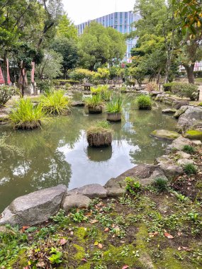 Küçük havuzlu, taşlı ve ağaçlarla ve binalarla çevrili sakin Japon bahçesi..