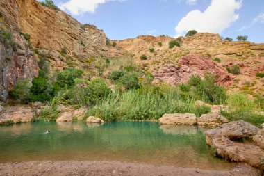 Kristal berrak doğal havuz kayalık kanyon duvarları ve parlak gökyüzünün altında yeşil bitki örtüsüyle çevrili..