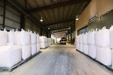 Endüstriyel bir deponun içindeki paletlere düzgünce yerleştirilmiş işlenmiş pirinçle dolu büyük beyaz torbalar..