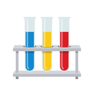 Bir rafta renkli sıvılarla dolu üç laboratuvar test tüpünün vektör çizimi.