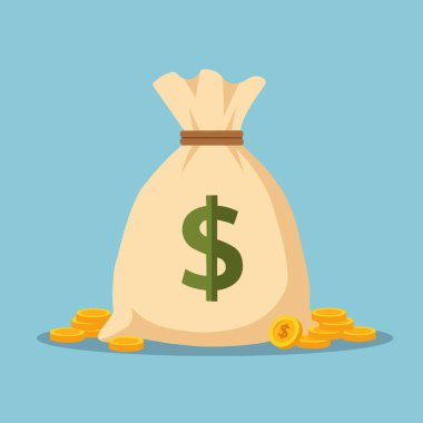 Mavi arka planda altın sikkelerle çevrili bir dolar işareti olan para çantasının vektör çizimi.