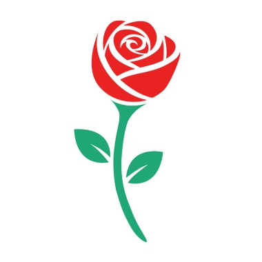 Yeşil saplı kırmızı bir gül çiçeğinin vektör çizimi ve minimalist tarzda yapraklar.