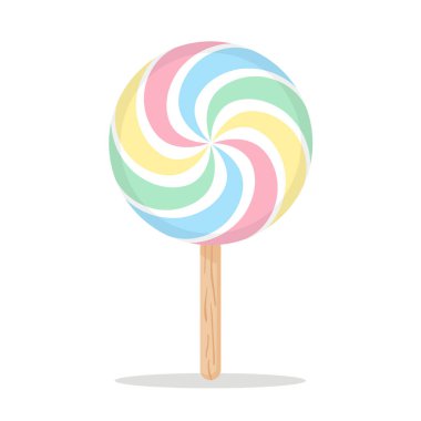 Beyaz arkaplanda izole edilmiş ahşap bir çubukta renkli bir girdap lolipopunun vektör çizimi.