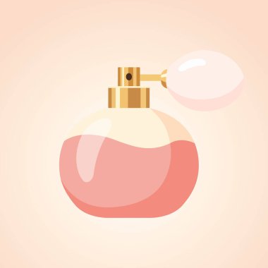 Yuvarlak bir parfüm şişesinin güzel, klasik bir tasviri. Altın bir boynu ve klasik bir ampul atomizatörü var. Modern düz bir tarzda yapılmış..
