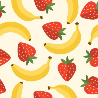Açık arkaplanda parlak sarı muzlar ve kırmızı çilekler içeren kusursuz bir vektör deseni..