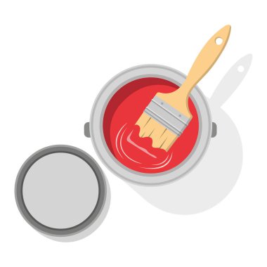 Kırmızı boyayla doldurulmuş, içinde fırça olan ve kapağı yakınlara yerleştirilmiş bir açık boya kutusunun vektör çizimi..