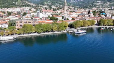 Lecco Lakeside 'ın Como Gölü üzerindeki hava manzarası, İtalya
