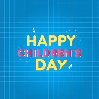 Mavi arkaplanda mutlu çocuk günü illüstrasyonları ve çocukların kutlama afişleri için oklar ve sarı ve pembe renkli eğlenceli tasarım.