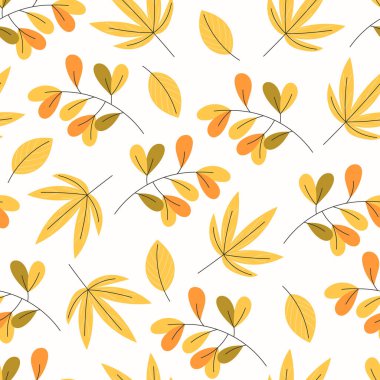 Sonbahar temaları ve tekstil baskıları için uygun sarı ve turuncu tonlarda çeşitli yapraklar içeren kusursuz desenli tasarım. Tekrarlanan motif doğa unsurları arka plan, tekstil, duvar kağıtları ve dekoratif uygulamalar için idealdir. Ver