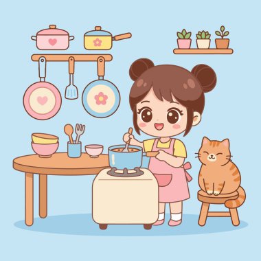 Kadın, ev yaşam tarzı ve dekoratif ve iç tasarım kullanımı için eş hayvanların yer aldığı rahat mutfak duvarı çizimi.