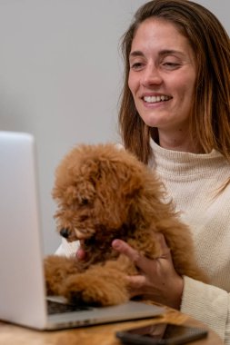 Dizüstü bilgisayarda çalışırken gülümseyen bir kadın kucağında sevimli bir kaniş köpeği tutuyor.