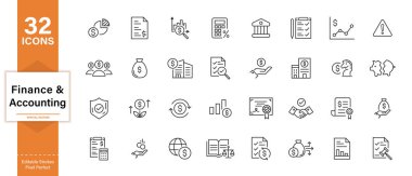 Çeşitli finans ve muhasebe kavramlarını temsil eden 32 taslak simge koleksiyonu. Para, bankacılık, büyüme, raporlar ve mali işlemler için semboller içerir.
