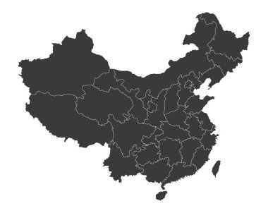 Koyu gri bir Çin silueti haritası beyaz arka planda gösterilir. Haritada ülkenin şekli ve iç idari bölgeleri açıkça belirtiliyor.