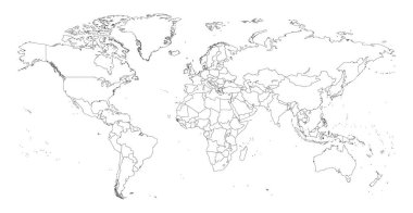 Tüm ülke sınırları görünen basit bir siyah beyaz dış hat haritası. Bu siyasi harita kıtaları ve münferit ülkeleri gösteriyor.