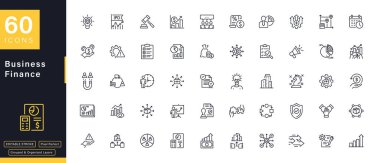 İşletme ve finans kavramlarını temsil eden 60 satırlık bir sanat simgesi koleksiyonu. Simgeler, düzenlenebilir vuruşlar ve piksel-kusursuz tasarım içeren çeşitli tasarım projeleri için basit ve uygundur.