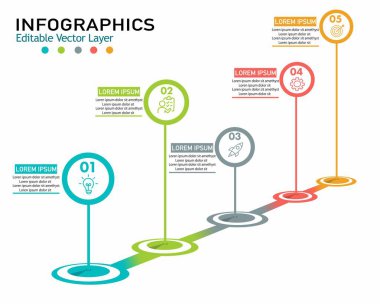 Beş renkli adımlı modern yatay zaman çizgisi bilgi-çizgisi vektörü, gösterim süreçleri, tarihi veriler veya proje kilometre taşları için mükemmel