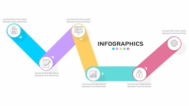 Temiz, modern ve renkli bir iş enfografik tasarım şablonu, zigzag zaman çizelgesi ve 6 temel adımla. Sunumlar, veri görselleştirme ve süreç akışı için mükemmel.
