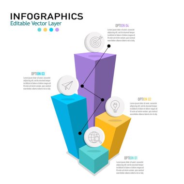 Modern Infographic vektör şablonu. İş sunumu, adımlar veya 4 seçenekli özellikler için 3B dikey grafik.