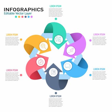 6 adım, seçenek, döngü ya da sunumlarla düzenlenebilir vektör bilgi şablonu. Oklar ve simgelerle iş süreci diyagramı.