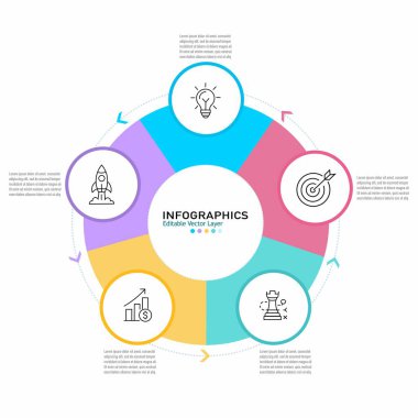 5 seçenek, adım ya da parçalı dairesel bilgi şablonu. İş süreci, strateji, iş akışı veya sunum için mükemmel vektör diyagramı.