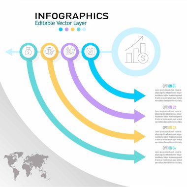 İş, finans, süreç, zaman çizelgesi ve sunum için 4 adım ve simge içeren düzenlenebilir vektör bilgi şablonu. Genel harita arkaplanı.